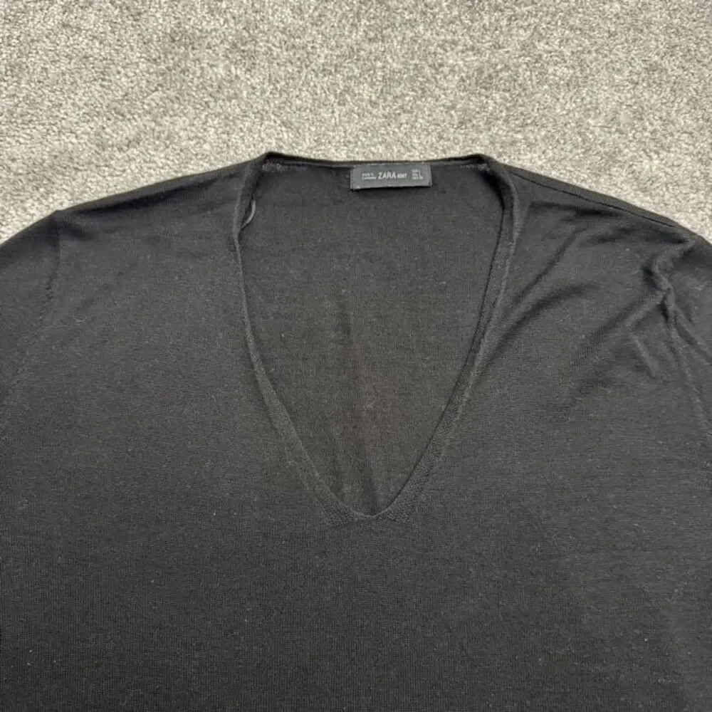 Zara Knit V-Neck Hi-Lo Pullover Sweater Womens Large Black Acrylic Blend Stretch